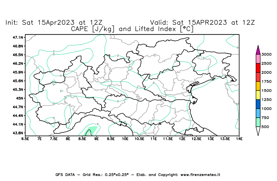 GFS analysi map - CAPE [J/kg] and Lifted Index [°C] in Northern Italy
									on 15/04/2023 12 <!--googleoff: index-->UTC<!--googleon: index-->