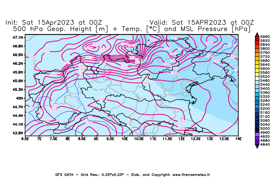 GFS analysi map - Geopotential [m] + Temp. [°C] at 500 hPa + Sea Level Pressure [hPa] in Northern Italy
									on 15/04/2023 00 <!--googleoff: index-->UTC<!--googleon: index-->