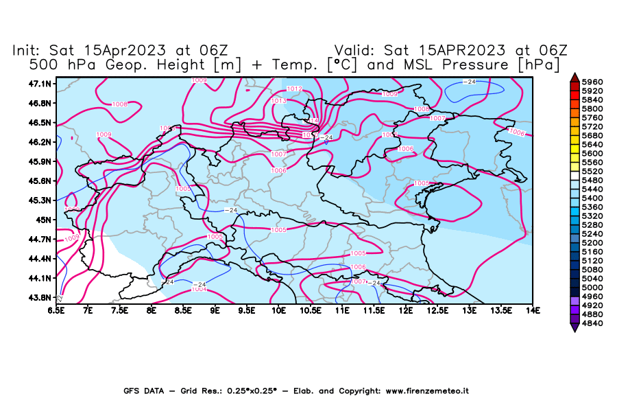 Mappa di analisi GFS - Geopotenziale [m] + Temp. [°C] a 500 hPa + Press. a livello del mare [hPa] in Nord-Italia
							del 15/04/2023 06 <!--googleoff: index-->UTC<!--googleon: index-->