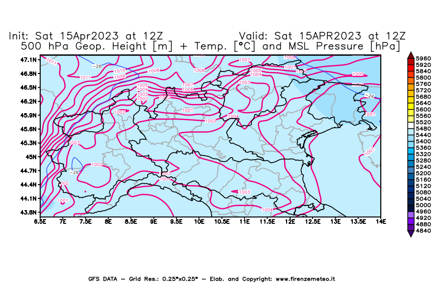 Mappa di analisi GFS - Geopotenziale [m] + Temp. [°C] a 500 hPa + Press. a livello del mare [hPa] in Nord-Italia
							del 15/04/2023 12 <!--googleoff: index-->UTC<!--googleon: index-->