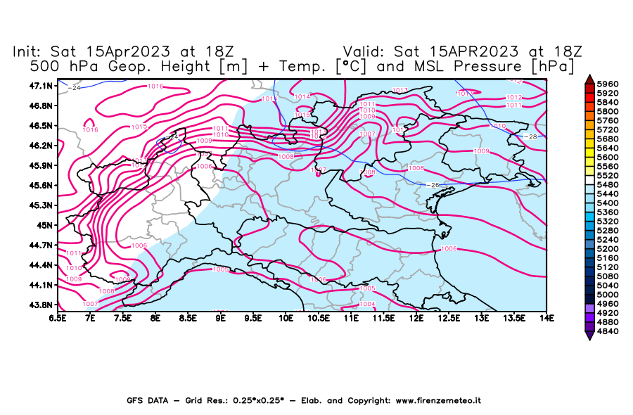 Mappa di analisi GFS - Geopotenziale [m] + Temp. [°C] a 500 hPa + Press. a livello del mare [hPa] in Nord-Italia
							del 15/04/2023 18 <!--googleoff: index-->UTC<!--googleon: index-->