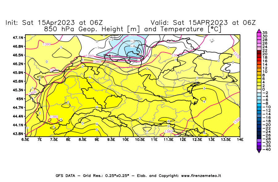 Mappa di analisi GFS - Geopotenziale [m] e Temperatura [°C] a 850 hPa in Nord-Italia
							del 15/04/2023 06 <!--googleoff: index-->UTC<!--googleon: index-->