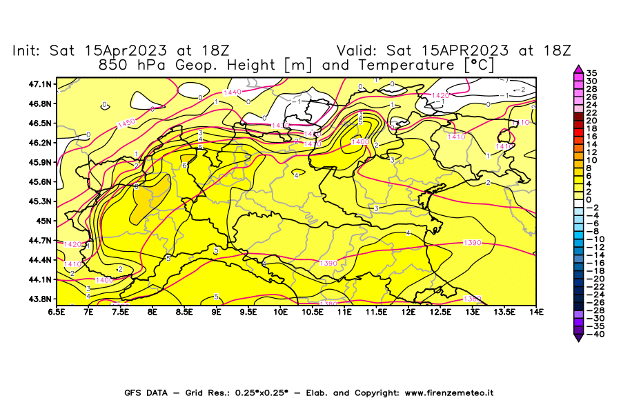 Mappa di analisi GFS - Geopotenziale [m] e Temperatura [°C] a 850 hPa in Nord-Italia
							del 15/04/2023 18 <!--googleoff: index-->UTC<!--googleon: index-->