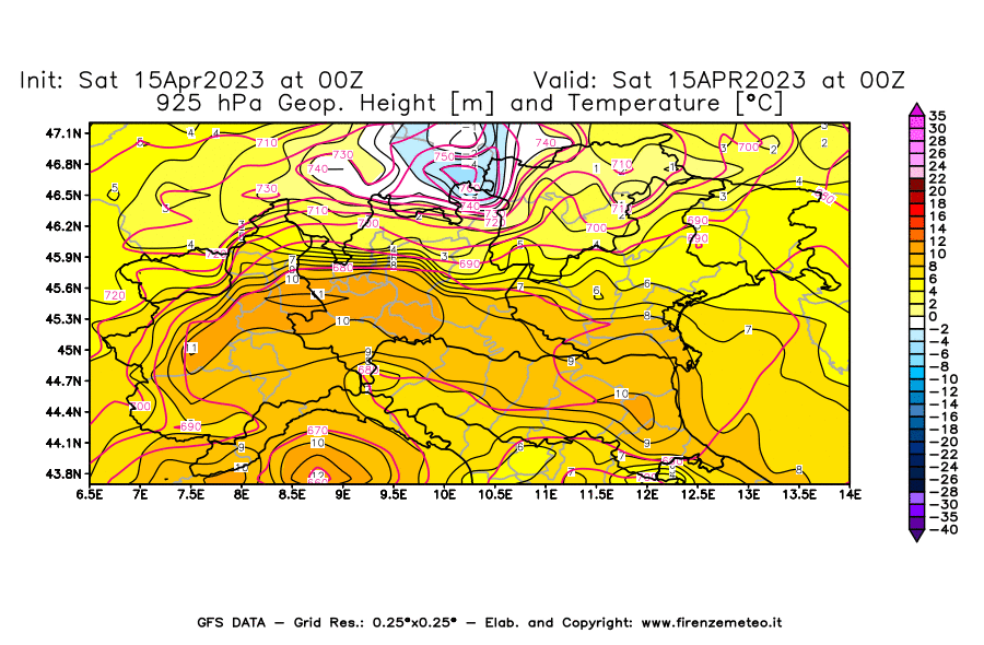Mappa di analisi GFS - Geopotenziale [m] e Temperatura [°C] a 925 hPa in Nord-Italia
							del 15/04/2023 00 <!--googleoff: index-->UTC<!--googleon: index-->