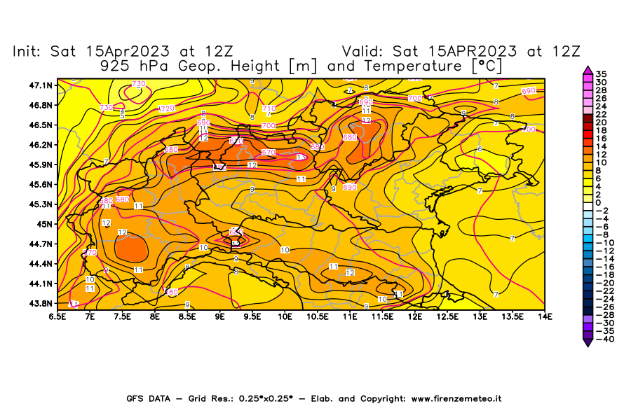 Mappa di analisi GFS - Geopotenziale [m] e Temperatura [°C] a 925 hPa in Nord-Italia
							del 15/04/2023 12 <!--googleoff: index-->UTC<!--googleon: index-->