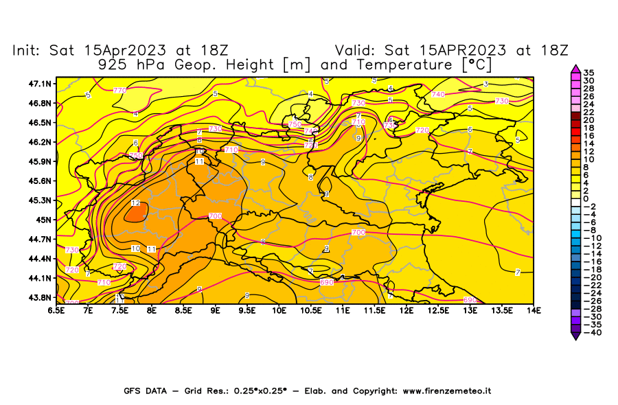 GFS analysi map - Geopotential [m] and Temperature [°C] at 925 hPa in Northern Italy
									on 15/04/2023 18 <!--googleoff: index-->UTC<!--googleon: index-->