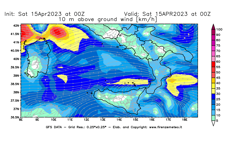 GFS analysi map - Wind Speed at 10 m above ground [km/h] in Southern Italy
									on 15/04/2023 00 <!--googleoff: index-->UTC<!--googleon: index-->