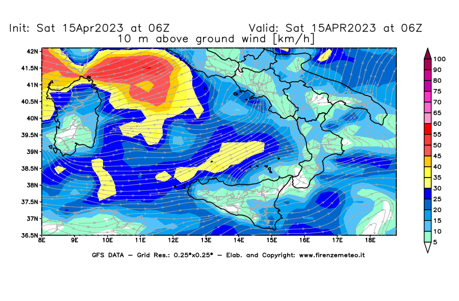 Mappa di analisi GFS - Velocità del vento a 10 metri dal suolo [km/h] in Sud-Italia
							del 15/04/2023 06 <!--googleoff: index-->UTC<!--googleon: index-->