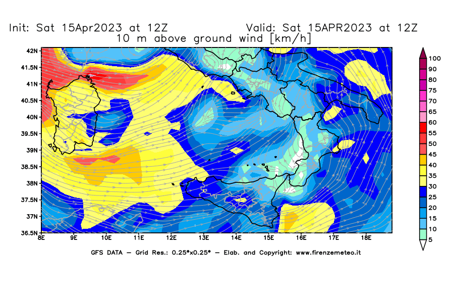 Mappa di analisi GFS - Velocità del vento a 10 metri dal suolo [km/h] in Sud-Italia
							del 15/04/2023 12 <!--googleoff: index-->UTC<!--googleon: index-->
