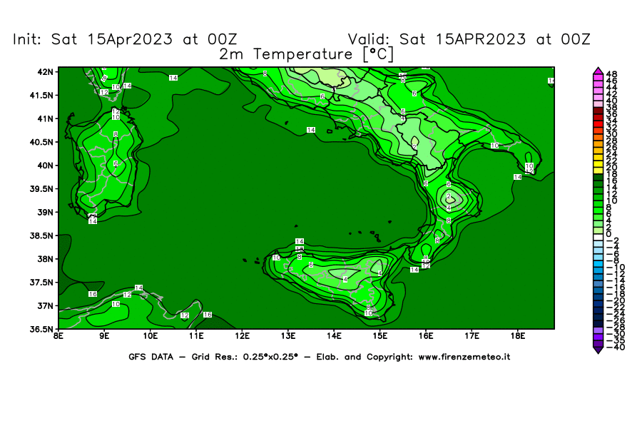 GFS analysi map - Temperature at 2 m above ground [°C] in Southern Italy
									on 15/04/2023 00 <!--googleoff: index-->UTC<!--googleon: index-->