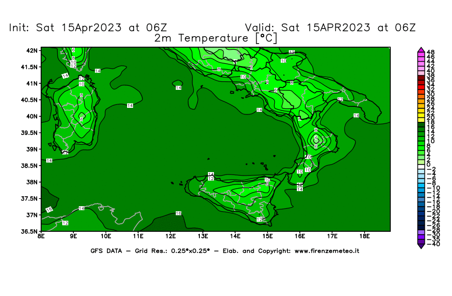 GFS analysi map - Temperature at 2 m above ground [°C] in Southern Italy
									on 15/04/2023 06 <!--googleoff: index-->UTC<!--googleon: index-->