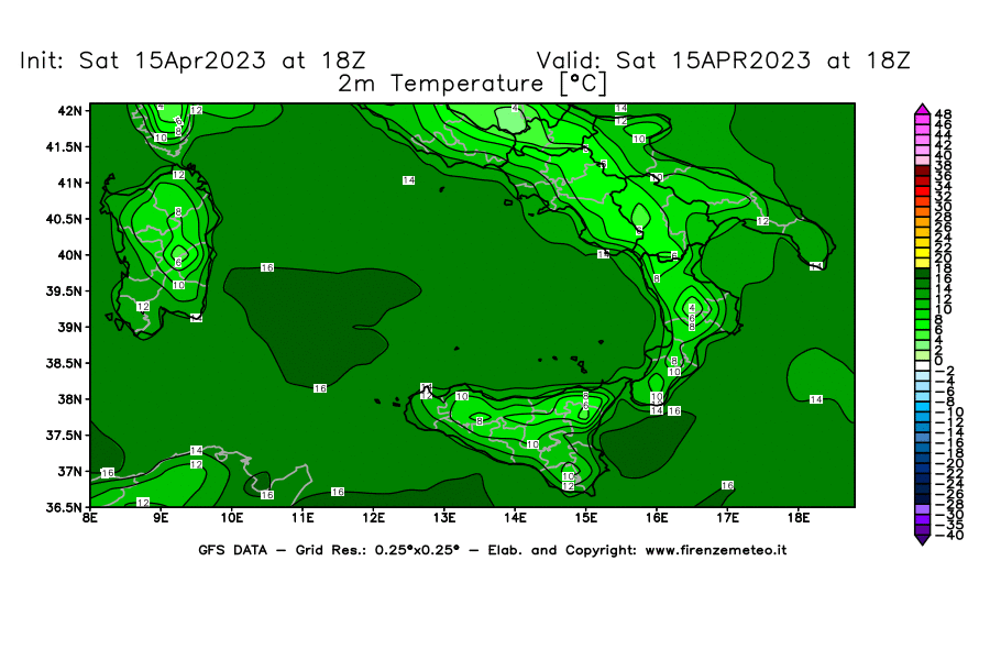 GFS analysi map - Temperature at 2 m above ground [°C] in Southern Italy
									on 15/04/2023 18 <!--googleoff: index-->UTC<!--googleon: index-->