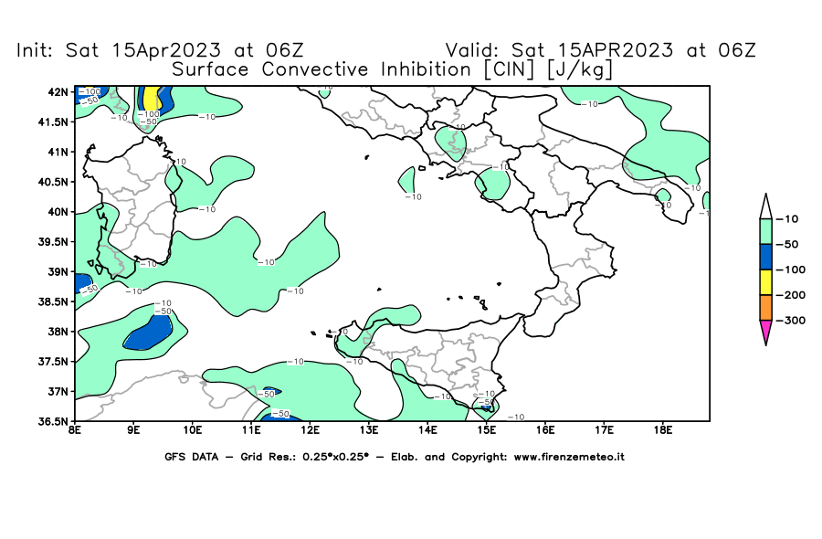 GFS analysi map - CIN [J/kg] in Southern Italy
									on 15/04/2023 06 <!--googleoff: index-->UTC<!--googleon: index-->