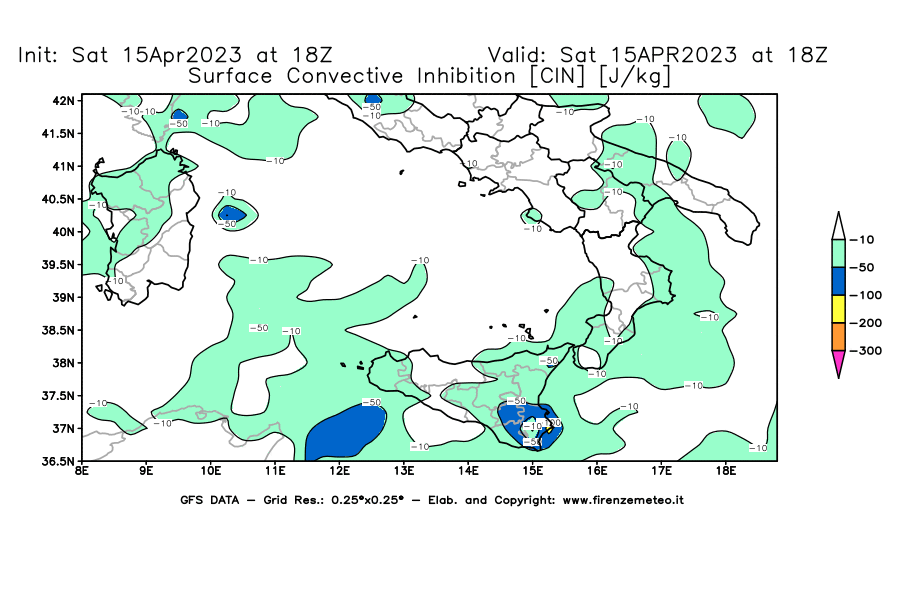 GFS analysi map - CIN [J/kg] in Southern Italy
									on 15/04/2023 18 <!--googleoff: index-->UTC<!--googleon: index-->