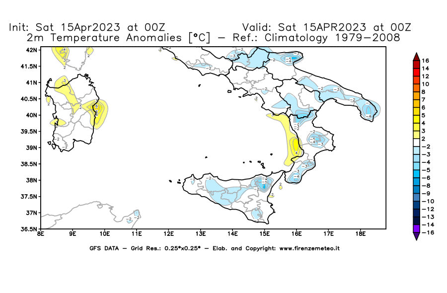 Mappa di analisi GFS - Anomalia Temperatura [°C] a 2 m in Sud-Italia
							del 15/04/2023 00 <!--googleoff: index-->UTC<!--googleon: index-->