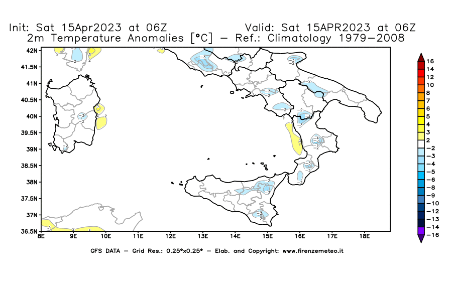 Mappa di analisi GFS - Anomalia Temperatura [°C] a 2 m in Sud-Italia
							del 15/04/2023 06 <!--googleoff: index-->UTC<!--googleon: index-->