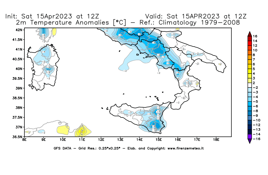 Mappa di analisi GFS - Anomalia Temperatura [°C] a 2 m in Sud-Italia
							del 15/04/2023 12 <!--googleoff: index-->UTC<!--googleon: index-->
