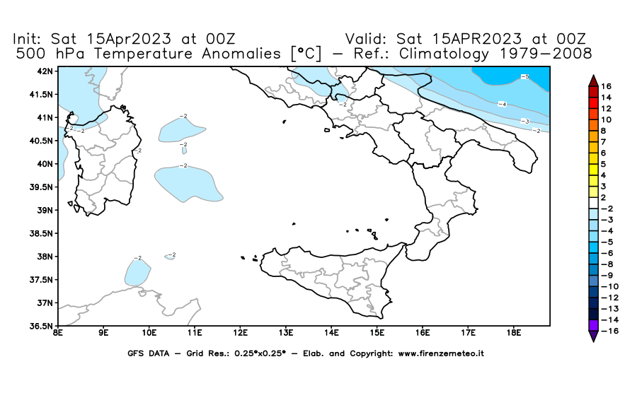 GFS analysi map - Temperature Anomalies [°C] at 500 hPa in Southern Italy
									on 15/04/2023 00 <!--googleoff: index-->UTC<!--googleon: index-->