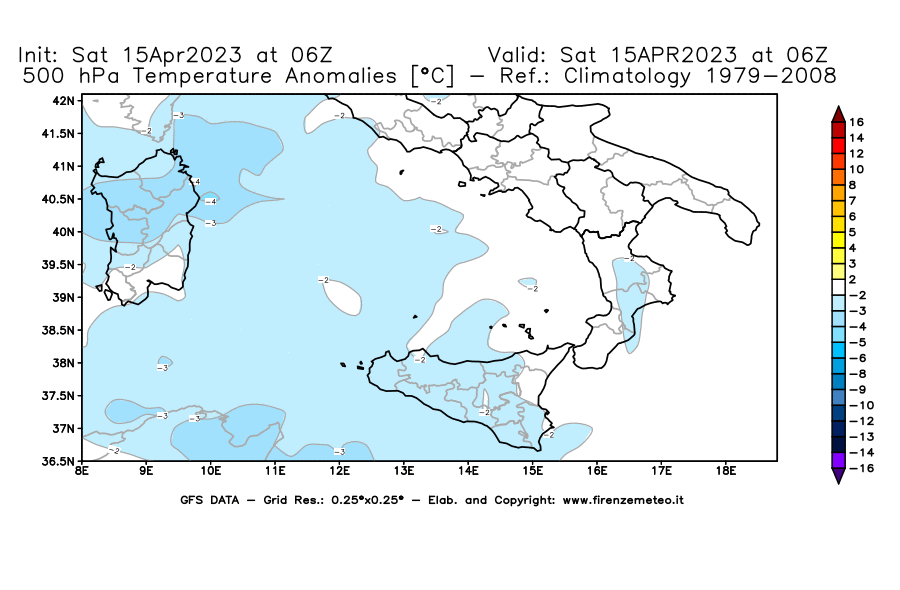 GFS analysi map - Temperature Anomalies [°C] at 500 hPa in Southern Italy
									on 15/04/2023 06 <!--googleoff: index-->UTC<!--googleon: index-->
