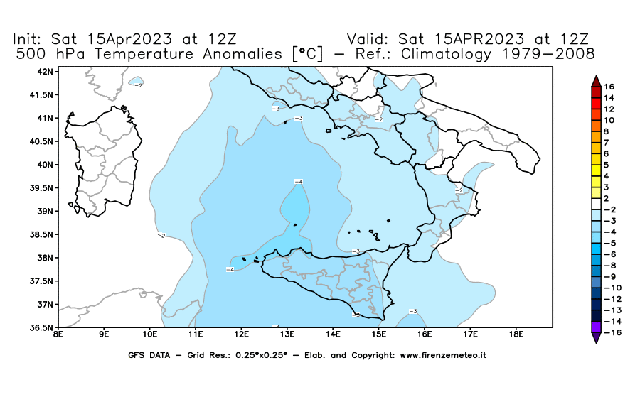Mappa di analisi GFS - Anomalia Temperatura [°C] a 500 hPa in Sud-Italia
							del 15/04/2023 12 <!--googleoff: index-->UTC<!--googleon: index-->