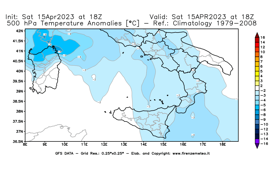 Mappa di analisi GFS - Anomalia Temperatura [°C] a 500 hPa in Sud-Italia
							del 15/04/2023 18 <!--googleoff: index-->UTC<!--googleon: index-->