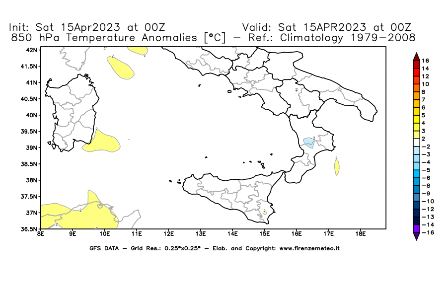 Mappa di analisi GFS - Anomalia Temperatura [°C] a 850 hPa in Sud-Italia
							del 15/04/2023 00 <!--googleoff: index-->UTC<!--googleon: index-->