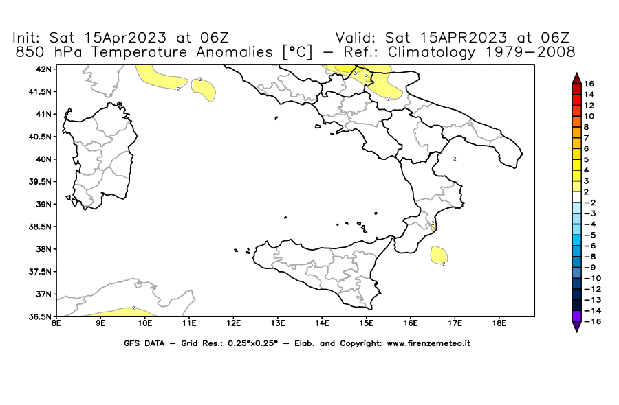 Mappa di analisi GFS - Anomalia Temperatura [°C] a 850 hPa in Sud-Italia
							del 15/04/2023 06 <!--googleoff: index-->UTC<!--googleon: index-->
