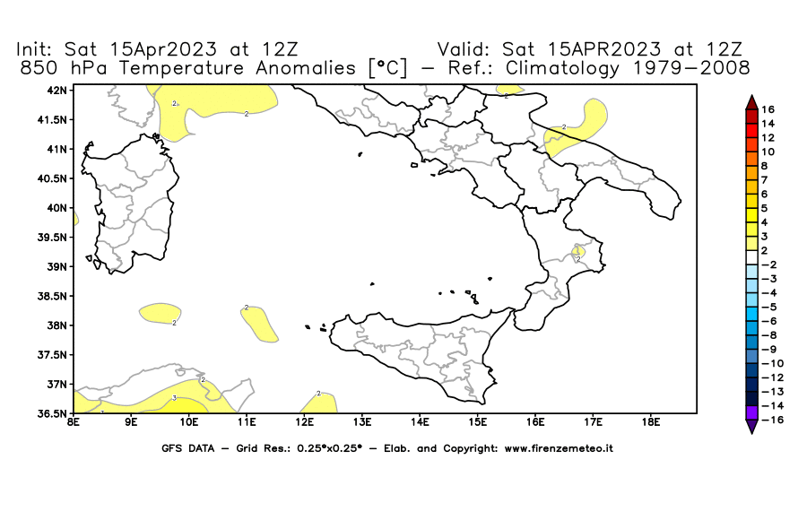 Mappa di analisi GFS - Anomalia Temperatura [°C] a 850 hPa in Sud-Italia
							del 15/04/2023 12 <!--googleoff: index-->UTC<!--googleon: index-->
