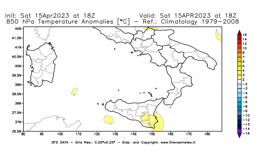 Mappa di analisi GFS - Anomalia Temperatura [°C] a 850 hPa in Sud-Italia
							del 15/04/2023 18 <!--googleoff: index-->UTC<!--googleon: index-->