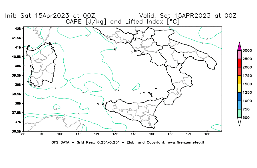 GFS analysi map - CAPE [J/kg] and Lifted Index [°C] in Southern Italy
									on 15/04/2023 00 <!--googleoff: index-->UTC<!--googleon: index-->