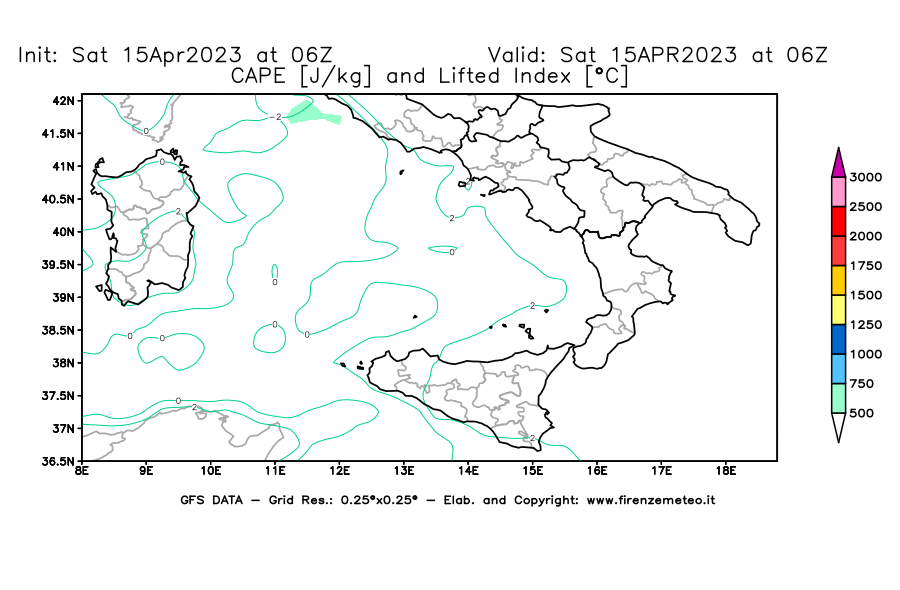 Mappa di analisi GFS - CAPE [J/kg] e Lifted Index [°C] in Sud-Italia
							del 15/04/2023 06 <!--googleoff: index-->UTC<!--googleon: index-->