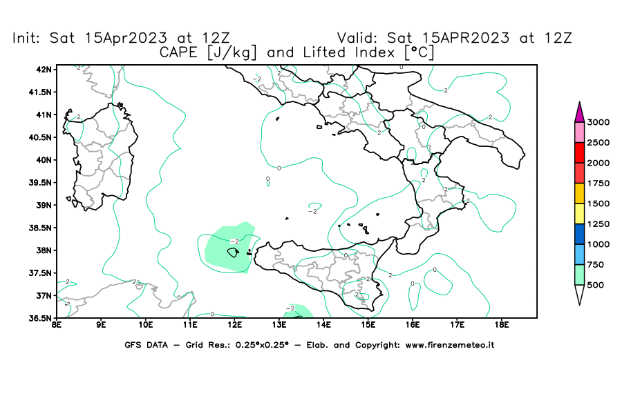 Mappa di analisi GFS - CAPE [J/kg] e Lifted Index [°C] in Sud-Italia
							del 15/04/2023 12 <!--googleoff: index-->UTC<!--googleon: index-->