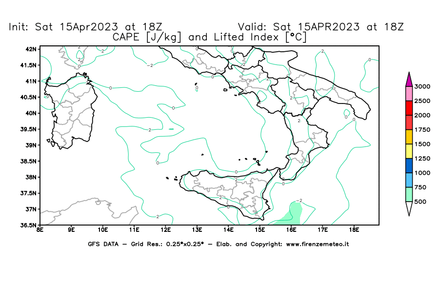 Mappa di analisi GFS - CAPE [J/kg] e Lifted Index [°C] in Sud-Italia
							del 15/04/2023 18 <!--googleoff: index-->UTC<!--googleon: index-->