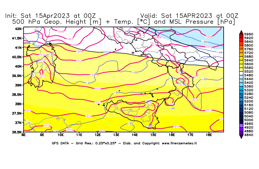 GFS analysi map - Geopotential [m] + Temp. [°C] at 500 hPa + Sea Level Pressure [hPa] in Southern Italy
									on 15/04/2023 00 <!--googleoff: index-->UTC<!--googleon: index-->