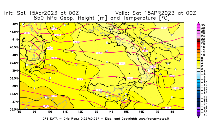Mappa di analisi GFS - Geopotenziale [m] e Temperatura [°C] a 850 hPa in Sud-Italia
							del 15/04/2023 00 <!--googleoff: index-->UTC<!--googleon: index-->