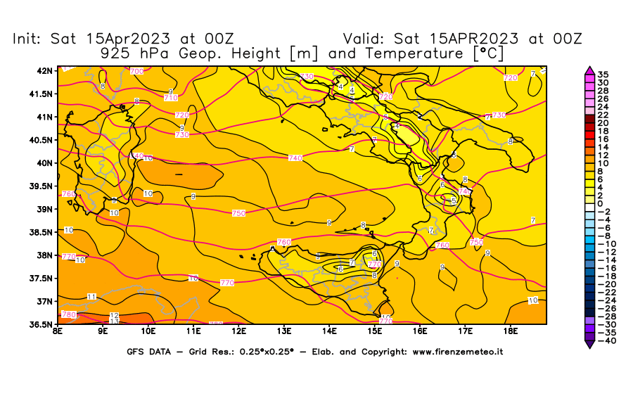 Mappa di analisi GFS - Geopotenziale [m] e Temperatura [°C] a 925 hPa in Sud-Italia
							del 15/04/2023 00 <!--googleoff: index-->UTC<!--googleon: index-->