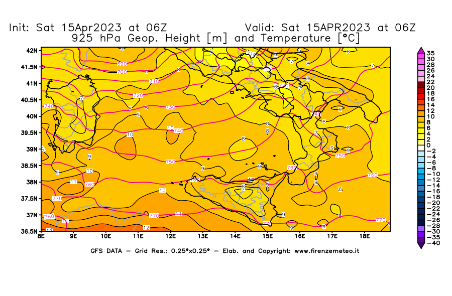 Mappa di analisi GFS - Geopotenziale [m] e Temperatura [°C] a 925 hPa in Sud-Italia
							del 15/04/2023 06 <!--googleoff: index-->UTC<!--googleon: index-->
