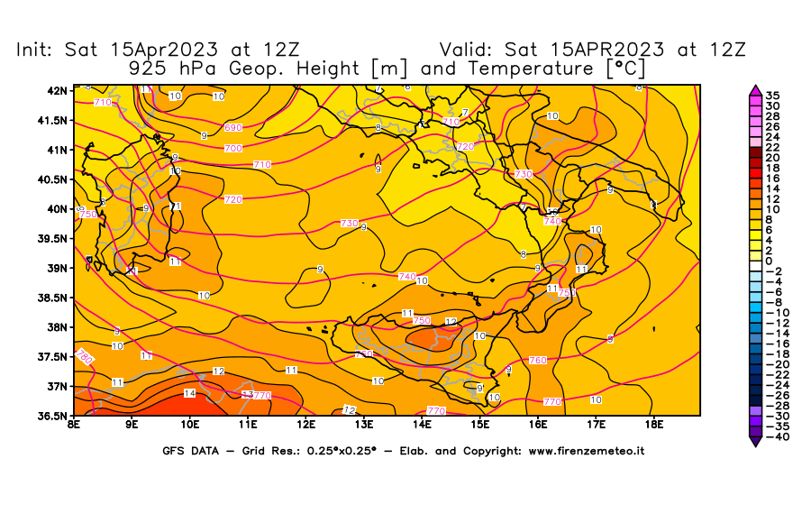 Mappa di analisi GFS - Geopotenziale [m] e Temperatura [°C] a 925 hPa in Sud-Italia
							del 15/04/2023 12 <!--googleoff: index-->UTC<!--googleon: index-->