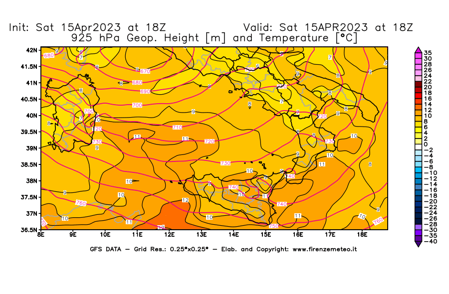 Mappa di analisi GFS - Geopotenziale [m] e Temperatura [°C] a 925 hPa in Sud-Italia
							del 15/04/2023 18 <!--googleoff: index-->UTC<!--googleon: index-->