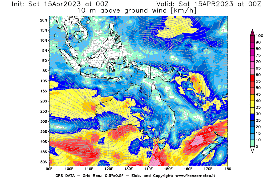 Mappa di analisi GFS - Velocità del vento a 10 metri dal suolo [km/h] in Oceania
							del 15/04/2023 00 <!--googleoff: index-->UTC<!--googleon: index-->