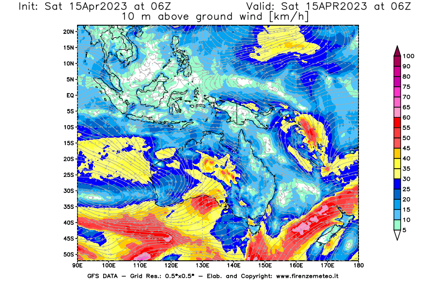 Mappa di analisi GFS - Velocità del vento a 10 metri dal suolo [km/h] in Oceania
							del 15/04/2023 06 <!--googleoff: index-->UTC<!--googleon: index-->