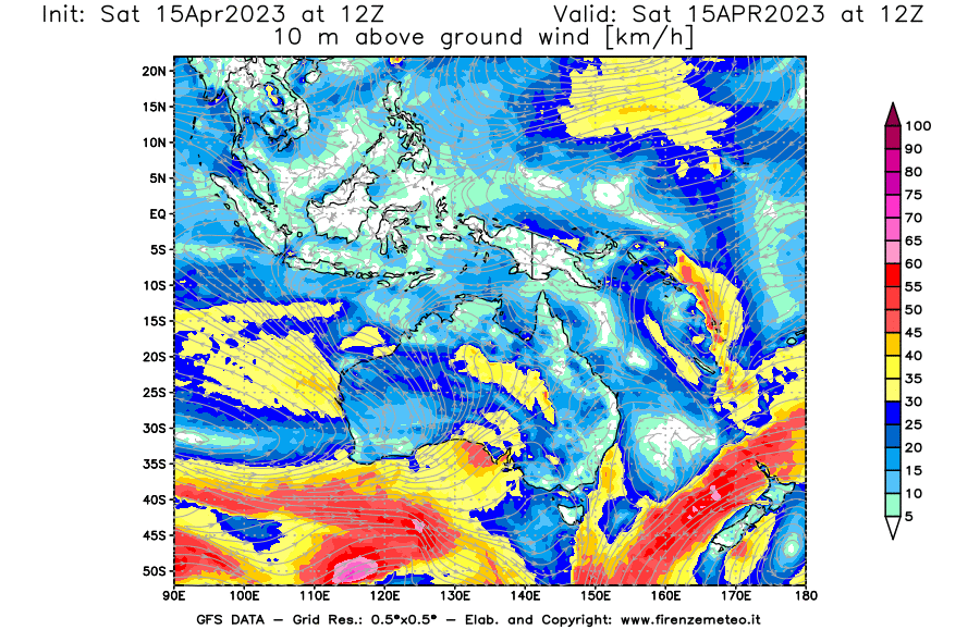 Mappa di analisi GFS - Velocità del vento a 10 metri dal suolo [km/h] in Oceania
							del 15/04/2023 12 <!--googleoff: index-->UTC<!--googleon: index-->
