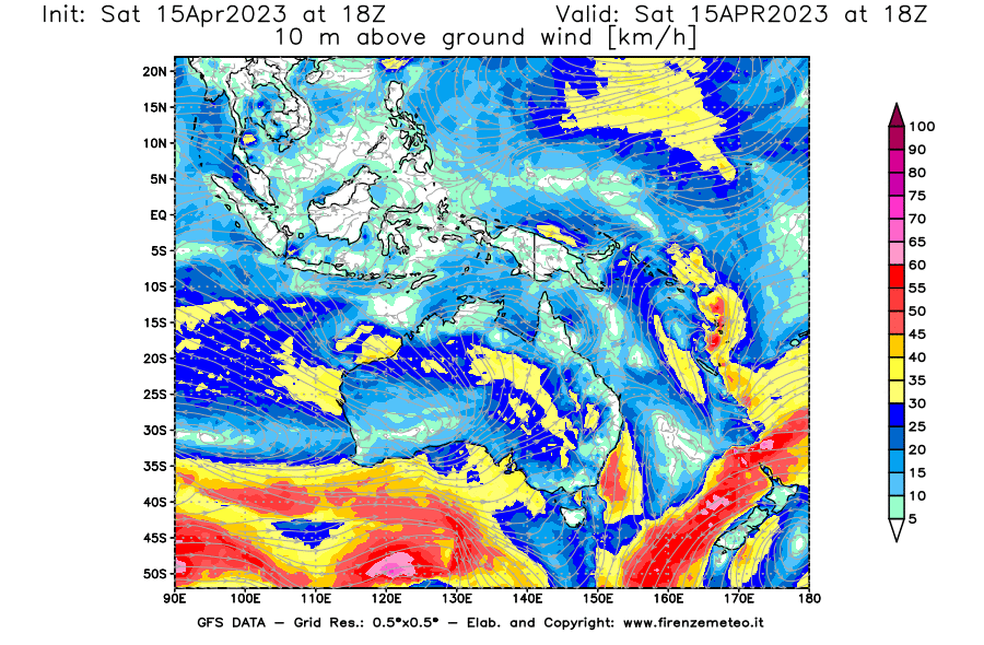 Mappa di analisi GFS - Velocità del vento a 10 metri dal suolo [km/h] in Oceania
							del 15/04/2023 18 <!--googleoff: index-->UTC<!--googleon: index-->