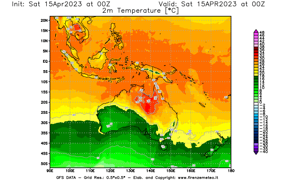 Mappa di analisi GFS - Temperatura a 2 metri dal suolo [°C] in Oceania
							del 15/04/2023 00 <!--googleoff: index-->UTC<!--googleon: index-->