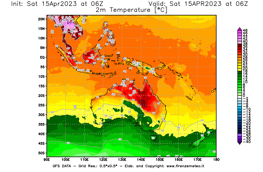 Mappa di analisi GFS - Temperatura a 2 metri dal suolo [°C] in Oceania
							del 15/04/2023 06 <!--googleoff: index-->UTC<!--googleon: index-->