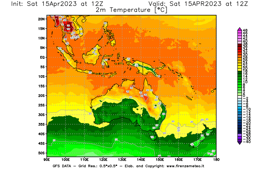 Mappa di analisi GFS - Temperatura a 2 metri dal suolo [°C] in Oceania
							del 15/04/2023 12 <!--googleoff: index-->UTC<!--googleon: index-->