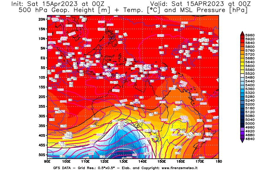 Mappa di analisi GFS - Geopotenziale [m] + Temp. [°C] a 500 hPa + Press. a livello del mare [hPa] in Oceania
							del 15/04/2023 00 <!--googleoff: index-->UTC<!--googleon: index-->