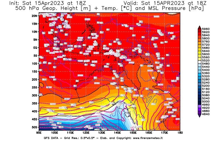GFS analysi map - Geopotential [m] + Temp. [°C] at 500 hPa + Sea Level Pressure [hPa] in Oceania
									on 15/04/2023 18 <!--googleoff: index-->UTC<!--googleon: index-->