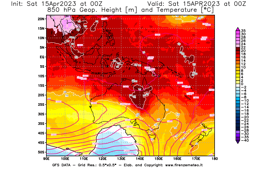 GFS analysi map - Geopotential [m] and Temperature [°C] at 850 hPa in Oceania
									on 15/04/2023 00 <!--googleoff: index-->UTC<!--googleon: index-->