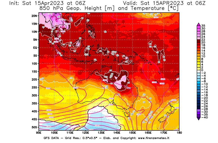 GFS analysi map - Geopotential [m] and Temperature [°C] at 850 hPa in Oceania
									on 15/04/2023 06 <!--googleoff: index-->UTC<!--googleon: index-->